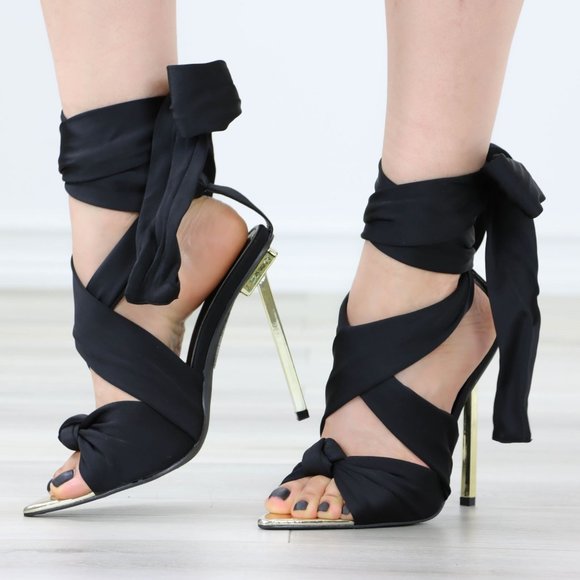 Black Open pointed Toe High Heel Ankle Strap Fabric Gold Needle Heel - Picture 11 of 12